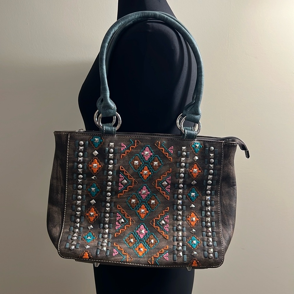 Montana West Western Womens Handbag Tote Tribal Embroidered Studded Multi Brown